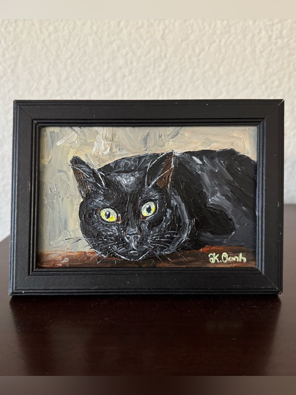 Original Black Cat Oil Painting signed framed 4x6 inches